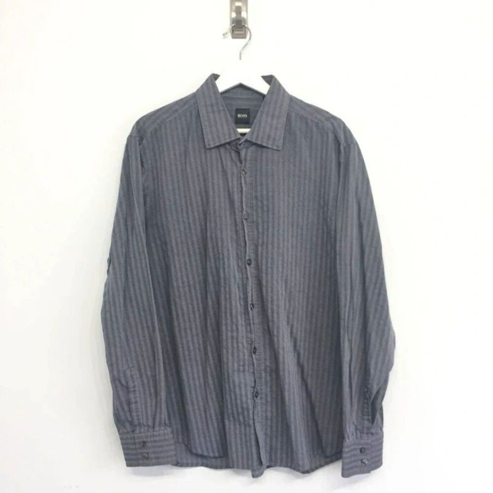 Boss Hugo Boss 2XL XXL Shirt Gray Striped Long Sleeve Button Down Mens Office